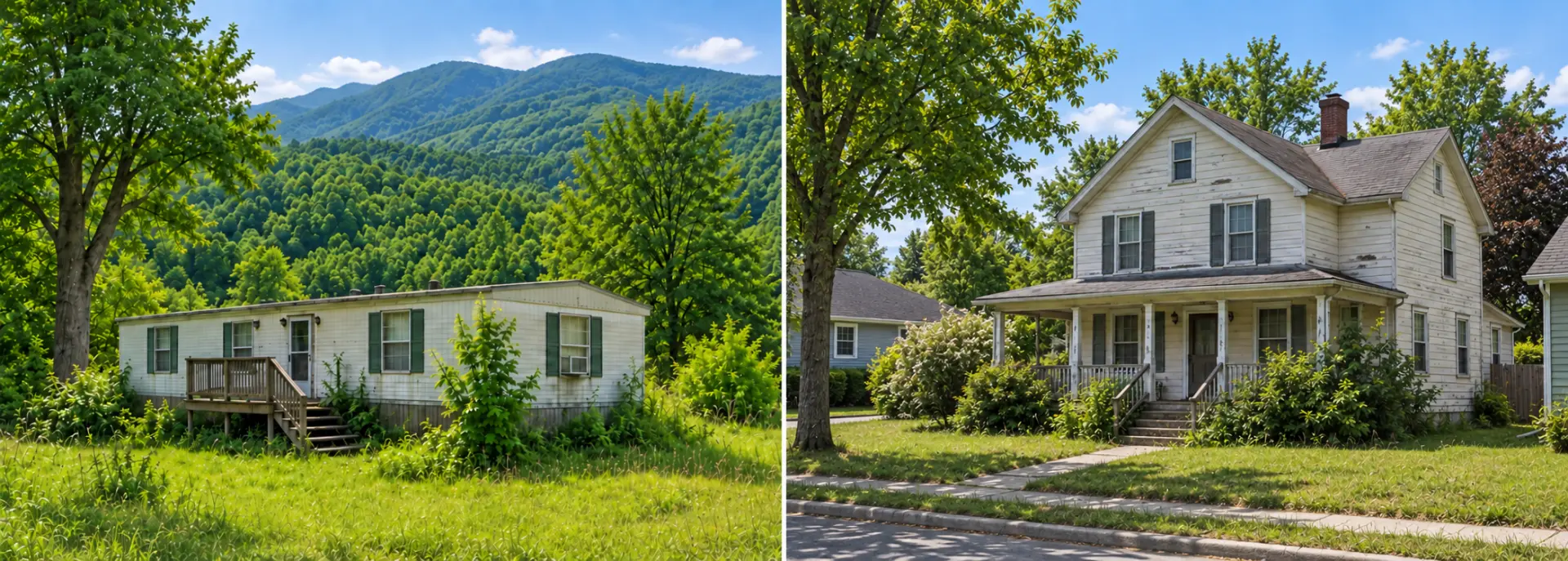 A single-wide manufactured home on a green lot with mountain views beside a two-story farmhouse with a covered front porch