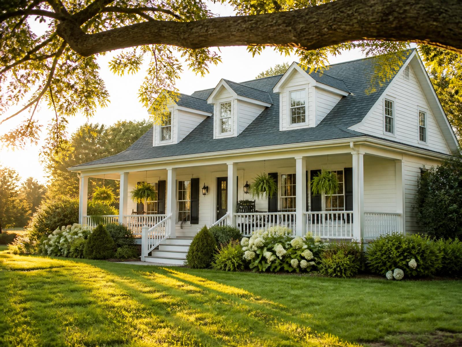 A white farmhouse with a covered front porch on a sunlit lawn beneath an oak tree